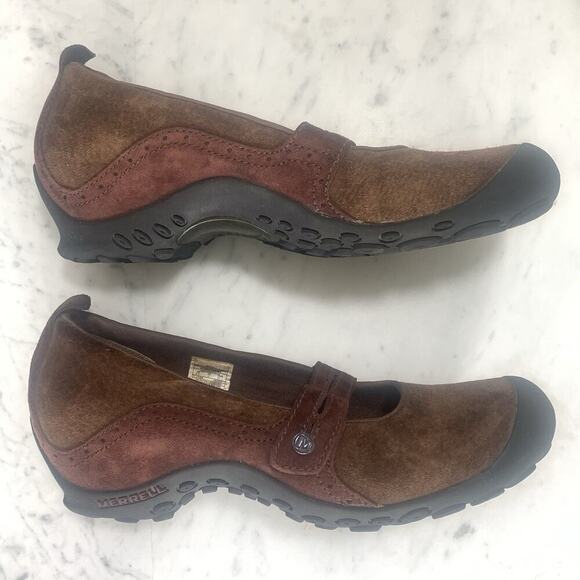 MERRELL Plaza Bandeau Mary Jane Women 9.5 Cherry Oak Brown Suede Slip-On EUC - Picture 5 of 7